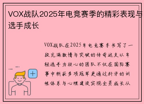 VOX战队2025年电竞赛季的精彩表现与选手成长