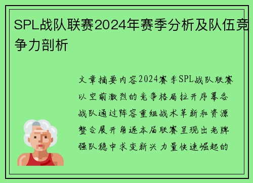 SPL战队联赛2024年赛季分析及队伍竞争力剖析